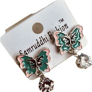 Pink & Green Butterfly Enamel Rhinestone Crystal Fashion Drop Dangle Earrings